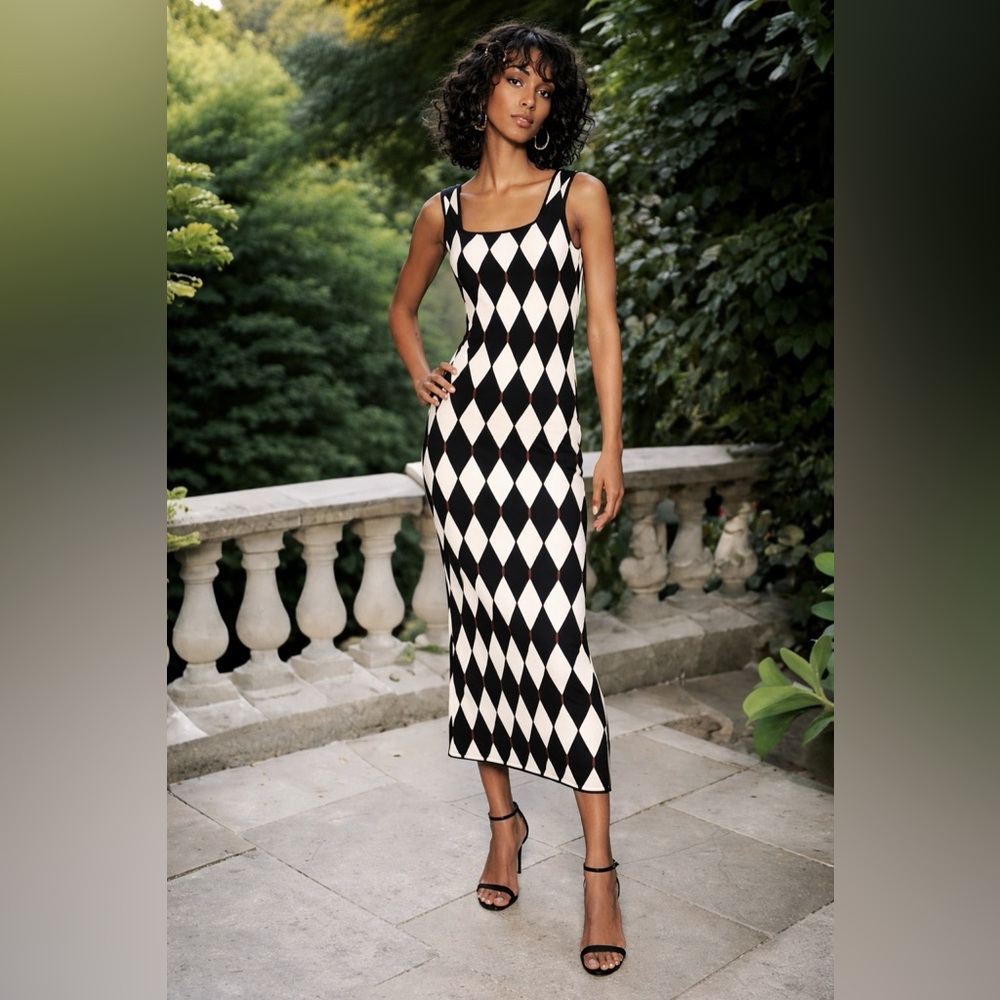 NEW! HOUSE OF HARLOW 1960 Harlequin Diamond Knit Stretch Bandage Midi Dress